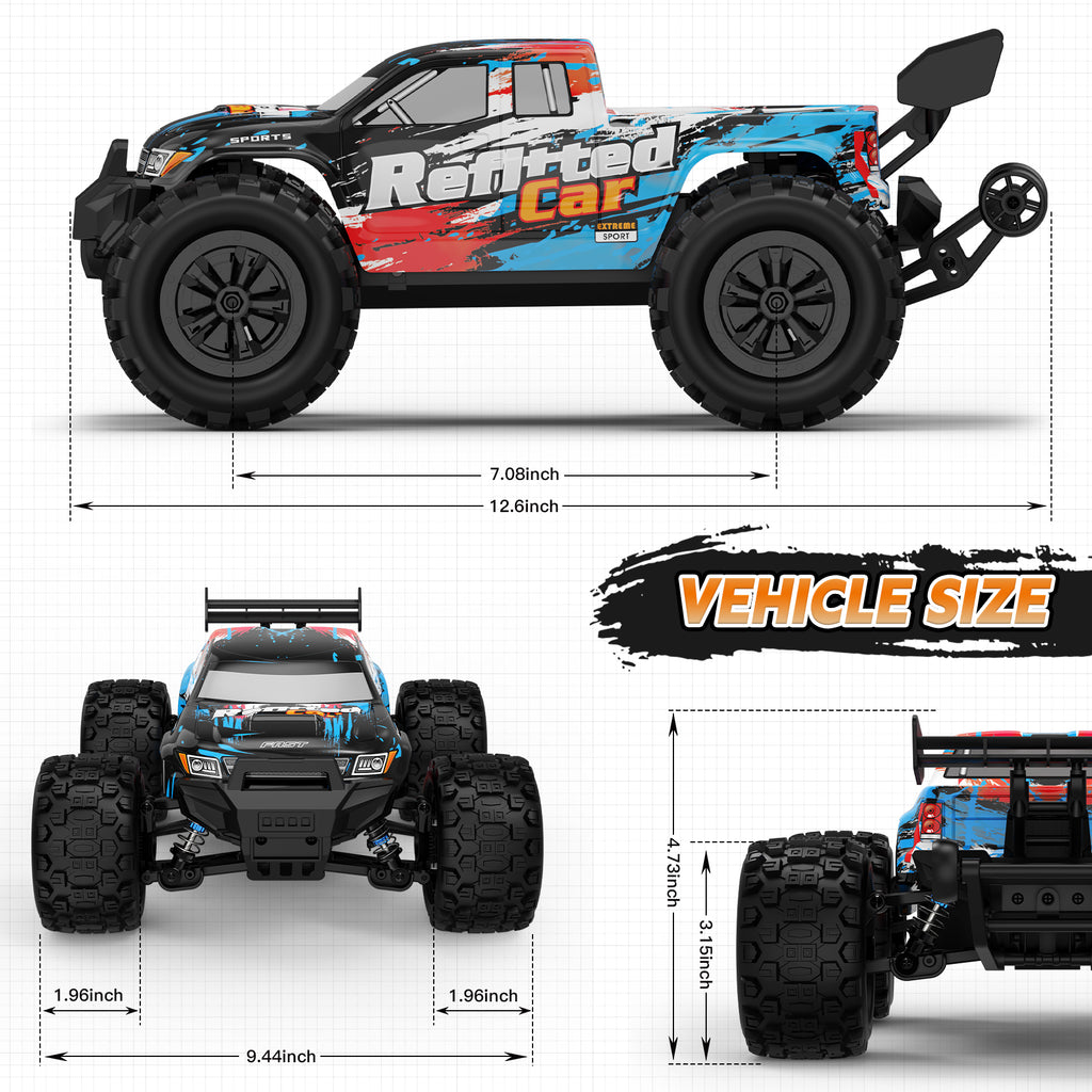 Highmall 1/16 4X4 High-Speed 50+KM/H（Peak） RC Monster Truck - 390 Motor Durable axle & Suspension | 3000mAh Batteries | Boys Toys Christmas Birthday for Teens Aged 14+